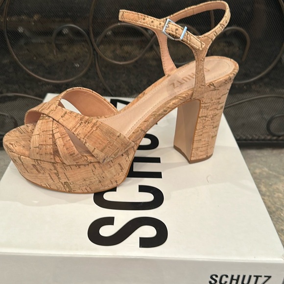 SCHUTZ Tan Platform Heels with Chunky Cork Heel - Picture 6 of 16